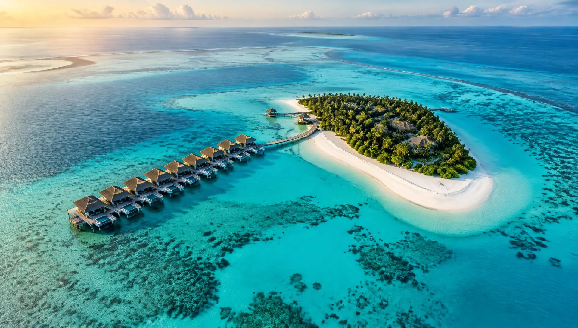 Aerial view of a Maldives island resort with overwater villas and a turquoise lagoon